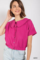 Peter pan collar textured knit button down top - Vysn