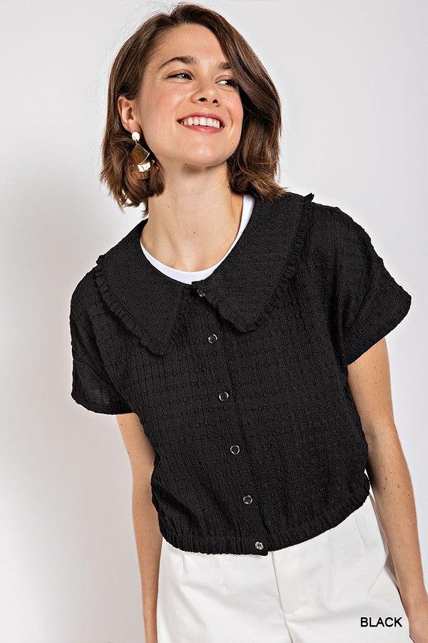 Peter pan collar textured knit button down top - Vysn