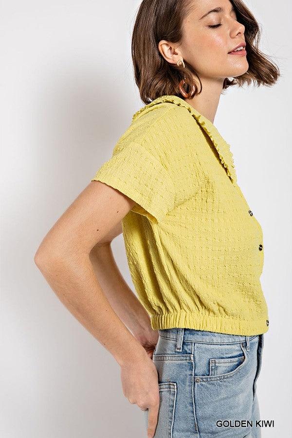 Peter pan collar textured knit button down top - Vysn