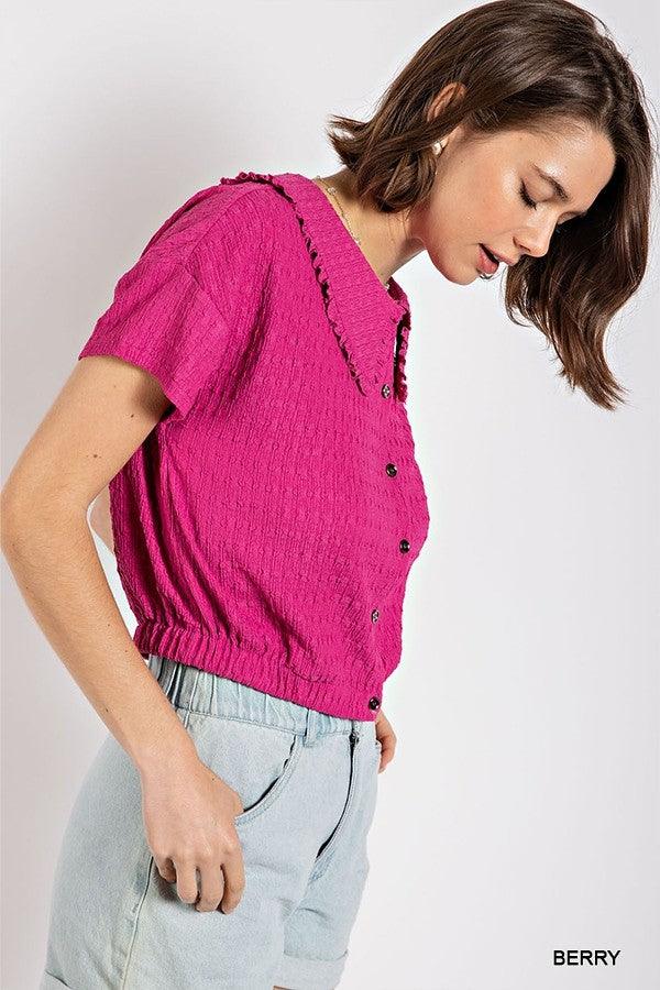 Peter pan collar textured knit button down top - Vysn