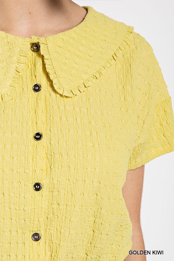 Peter pan collar textured knit button down top - Vysn