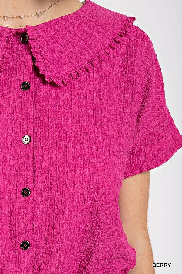 Peter pan collar textured knit button down top - Vysn