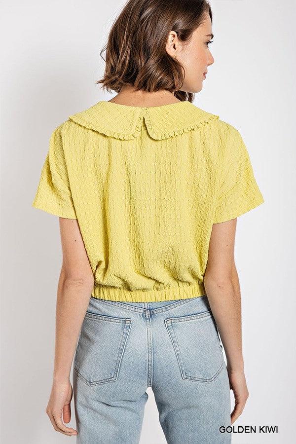 Peter pan collar textured knit button down top - Vysn