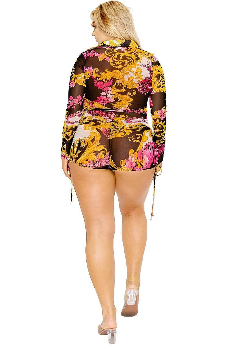 Plus gold & floral pattern print belted romer - Vysn