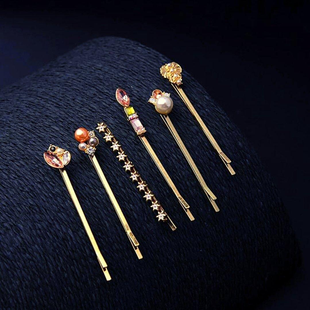 Precious Pearl and Gem Bobby Pins | Set of 6 in Gold by The Bullish Store - Vysn