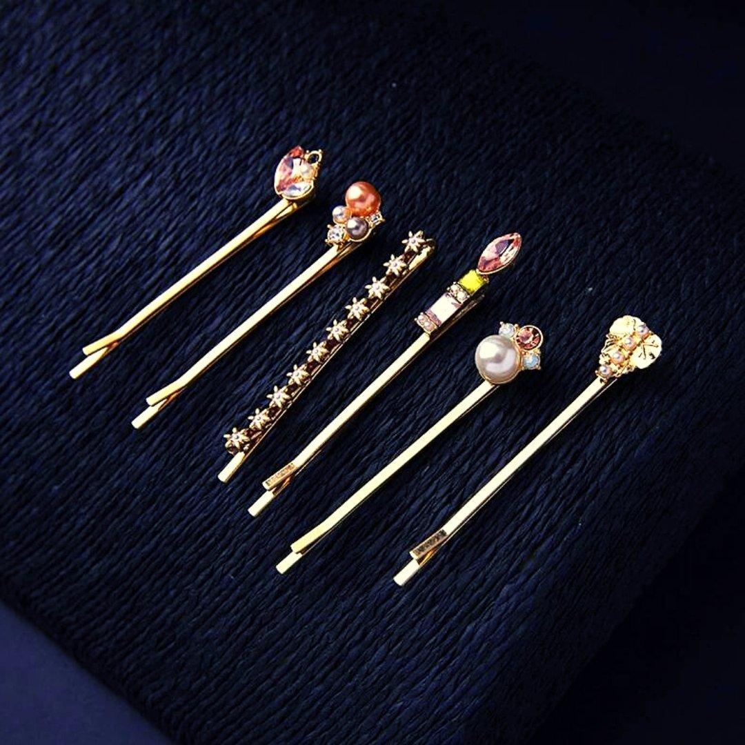 Precious Pearl and Gem Bobby Pins | Set of 6 in Gold by The Bullish Store - Vysn