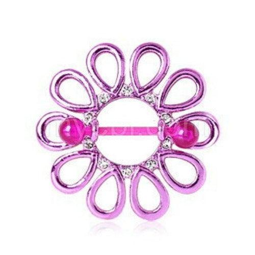 PVD Plated Purple Gemmed Flower Burst Nipple Shield with BioFlex Bar by Fashion Hut Jewelry - Vysn