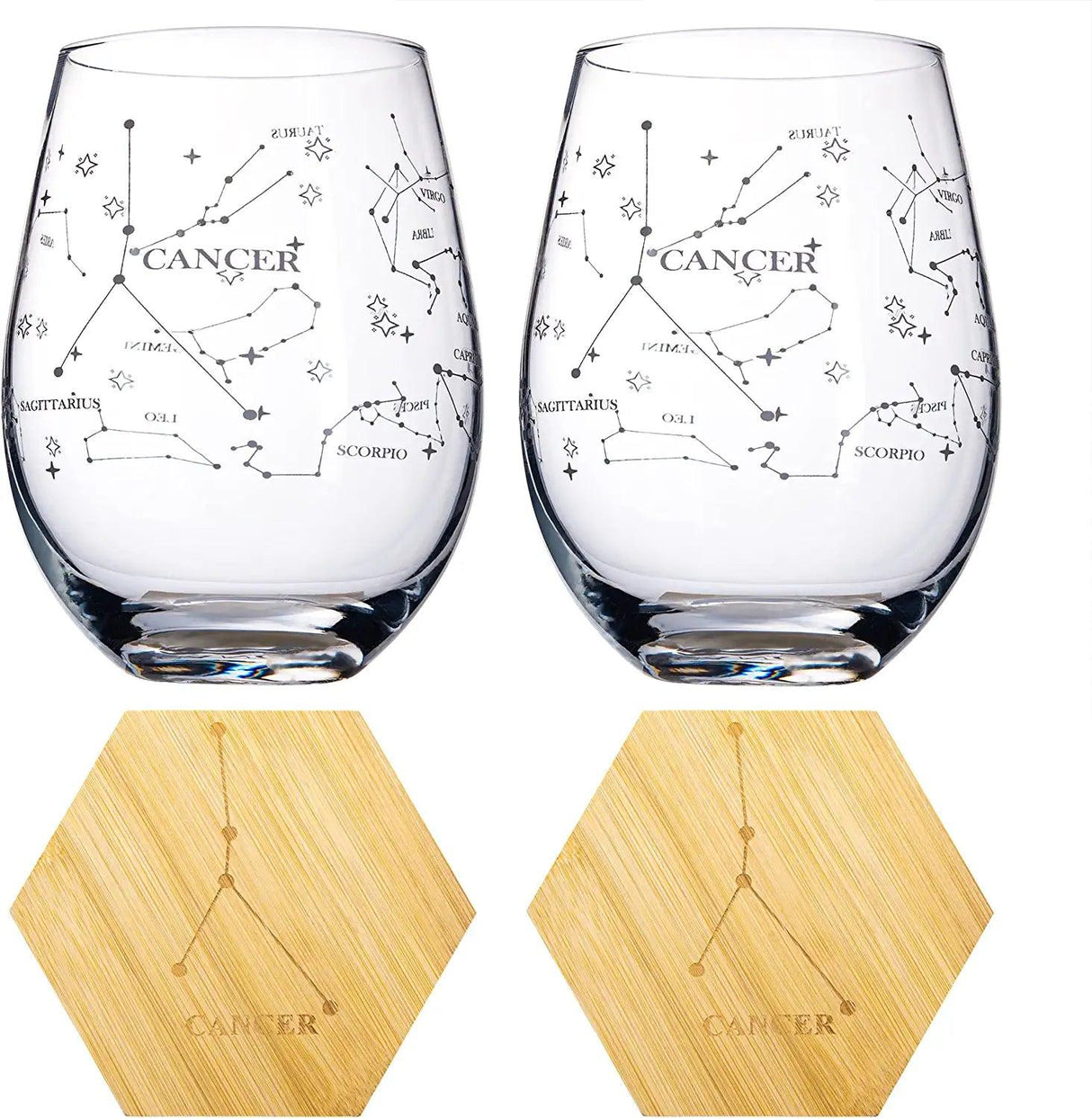 Set of 2 Zodiac Sign Wine Glasses with 2 Wooden Coasters by The Wine Savant - Astrology Drinking Glass Set with Etched Constellation Tumblers for Juice, Water Home Bar Horoscope Gifts 18oz (Cancer) by The Wine Savant - Vysn