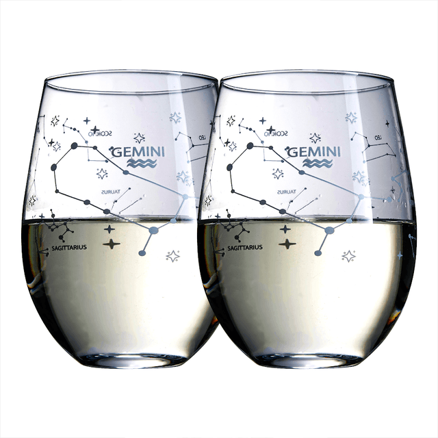 Set of 2 Zodiac Sign Wine Glasses with 2 Wooden Coasters by The Wine Savant - Astrology Drinking Glass Set with Etched Constellation Tumblers for Juice, Water Home Bar Horoscope Gifts 18oz (Gemini) by The Wine Savant - Vysn