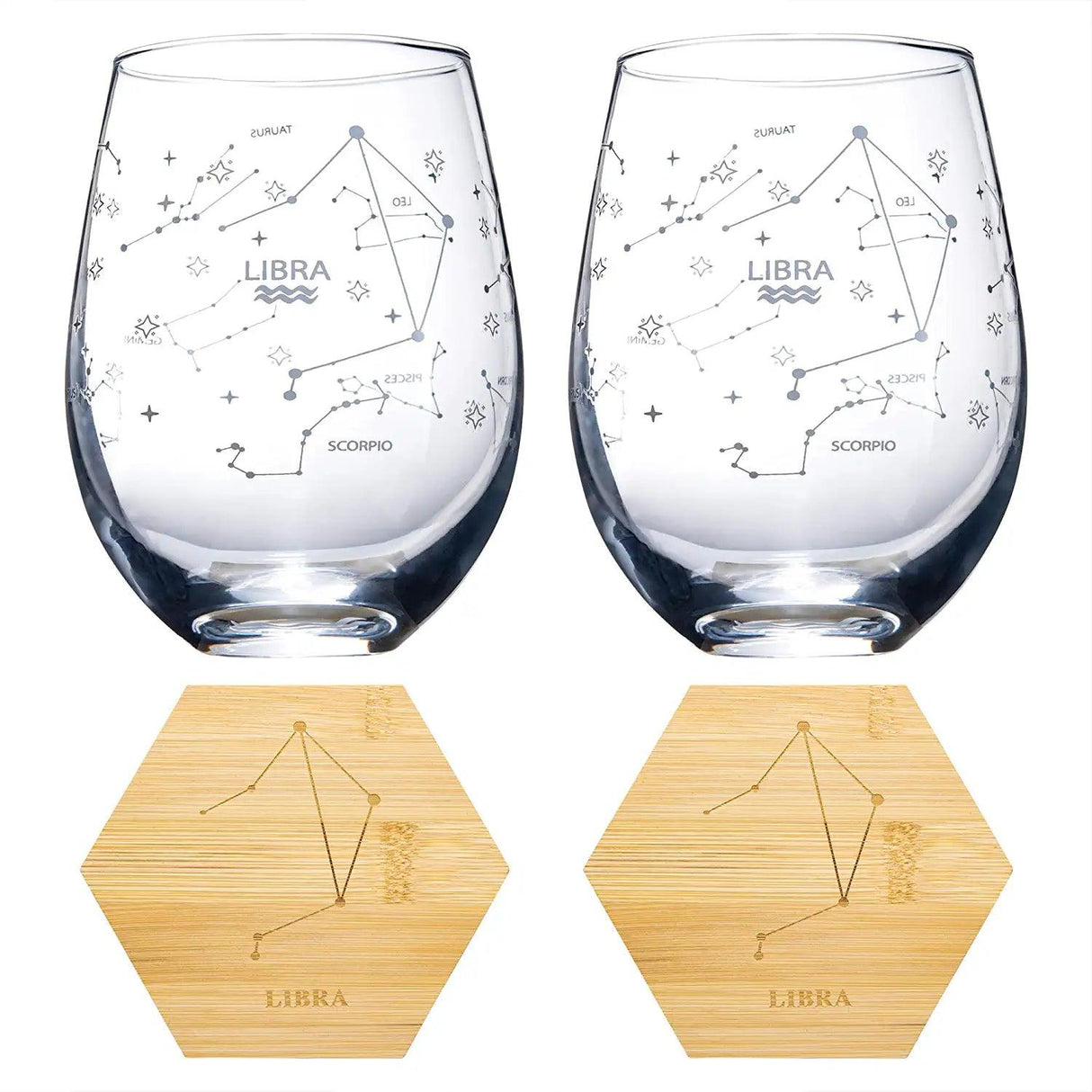 Set of 2 Zodiac Sign Wine Glasses with 2 Wooden Coasters by The Wine Savant - Astrology Drinking Glass Set with Etched Constellation Tumblers for Juice, Water Home Bar Horoscope Gifts 18oz (Libra) by The Wine Savant - Vysn