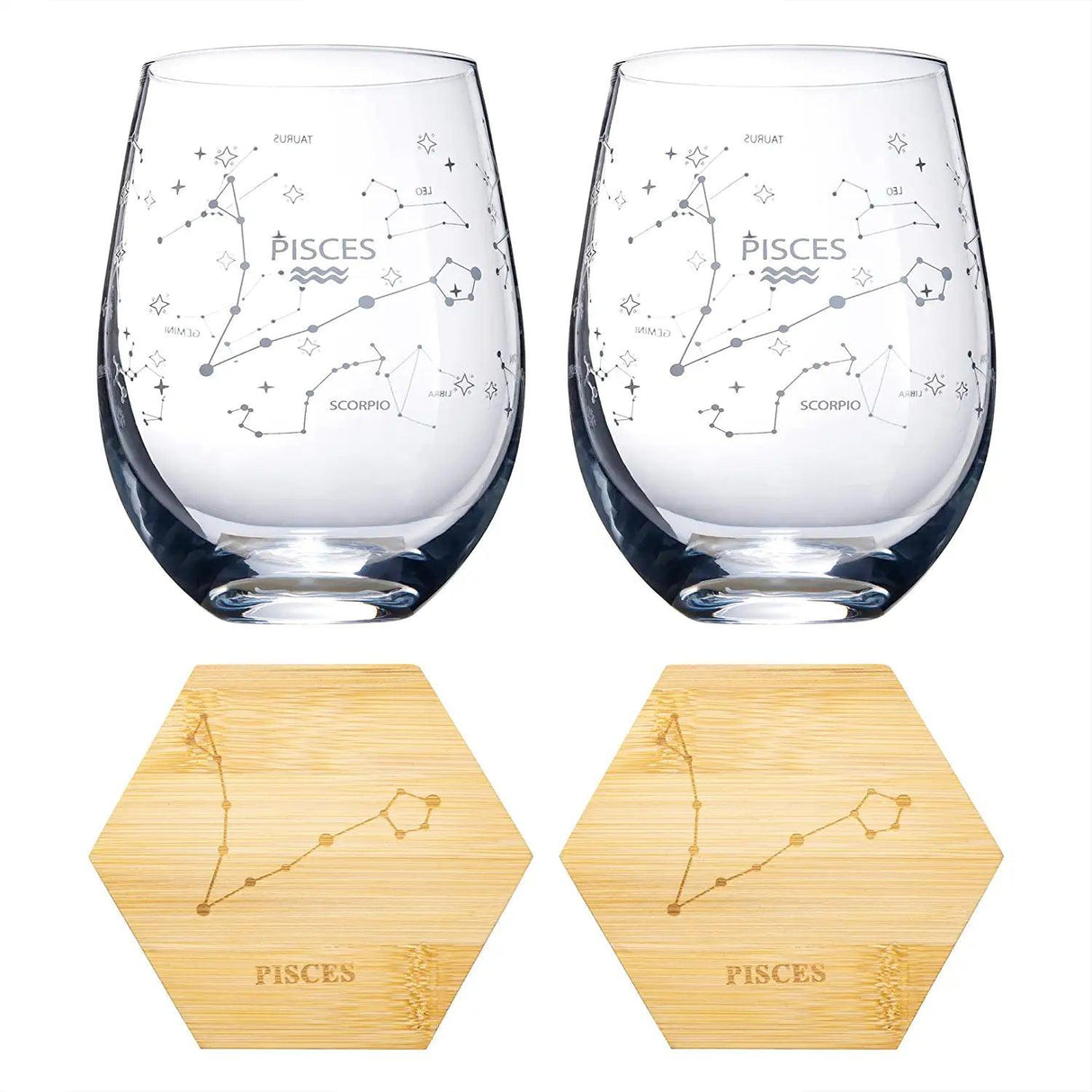 Set of 2 Zodiac Sign Wine Glasses with 2 Wooden Coasters by The Wine Savant - Astrology Drinking Glass Set with Etched Constellation Tumblers for Juice, Water Home Bar Horoscope Gifts 18oz (Pisces) by The Wine Savant - Vysn