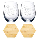 Set of 2 Zodiac Sign Wine Glasses with 2 Wooden Coasters by The Wine Savant - Astrology Drinking Glass Set with Etched Constellation Tumblers for Juice, Water Home Bar Horoscope Gifts 18oz (Pisces) by The Wine Savant - Vysn