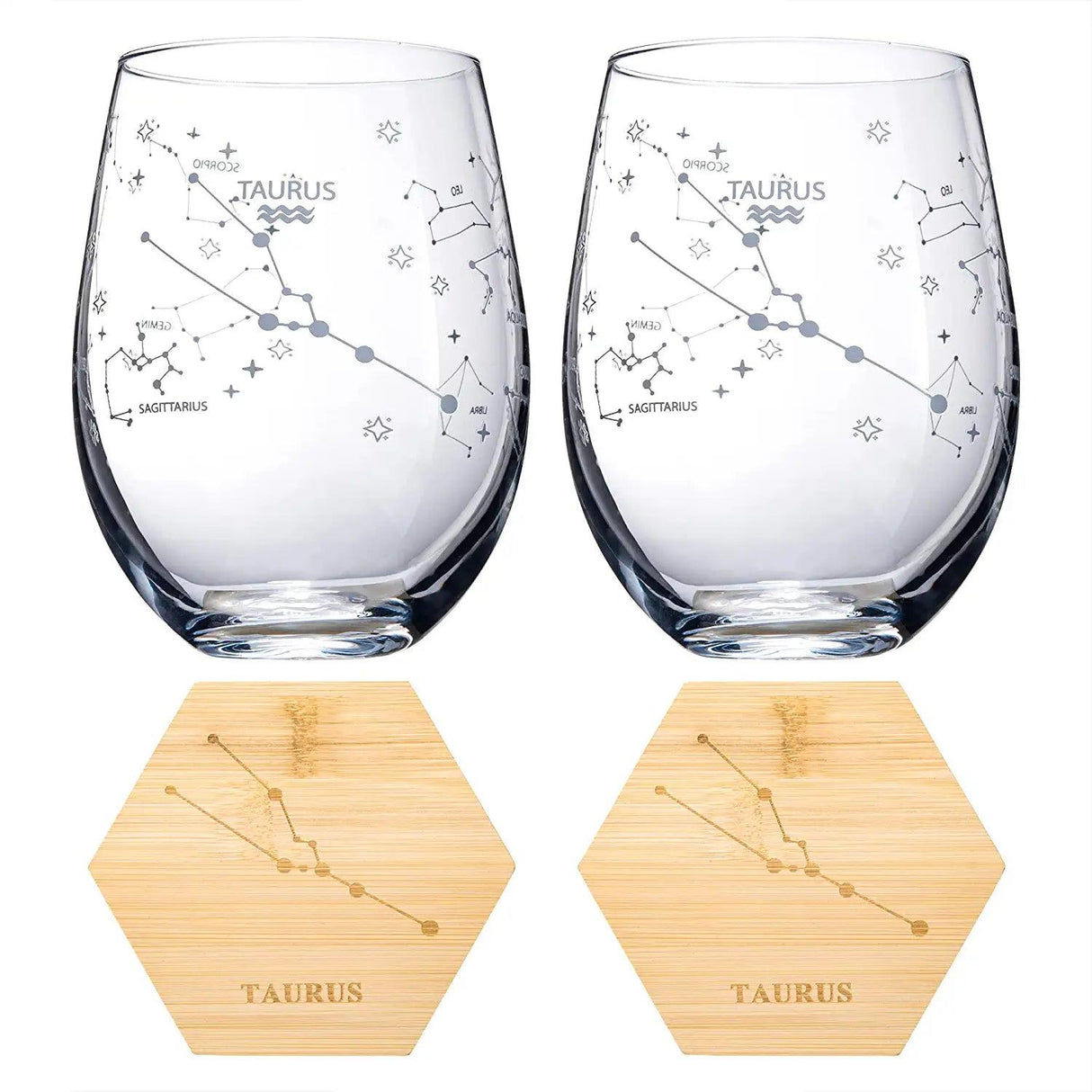 Set of 2 Zodiac Sign Wine Glasses with 2 Wooden Coasters by The Wine Savant - Astrology Drinking Glass Set with Etched Constellation Tumblers for Juice, Water Home Bar Horoscope Gifts 18oz (Taurus) by The Wine Savant - Vysn