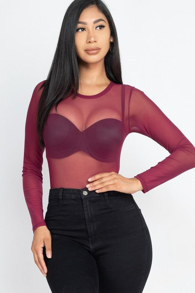 Sexy Sheer Mesh Long Sleeve Bodysuit - VYSN