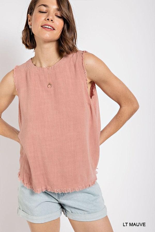 Sleeveless back button closure frayed top - Vysn