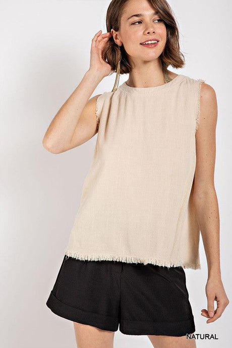 Sleeveless back button closure frayed top - Vysn