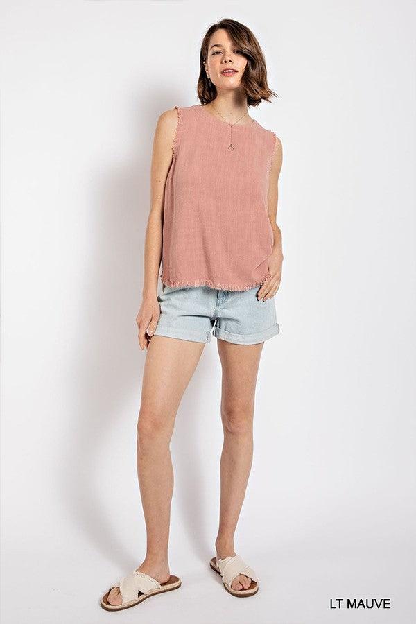 Sleeveless back button closure frayed top - Vysn