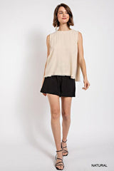 Sleeveless back button closure frayed top - Vysn