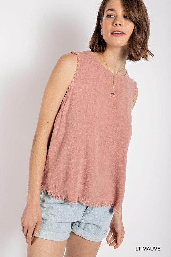 Sleeveless back button closure frayed top - Vysn