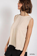 Sleeveless back button closure frayed top - Vysn