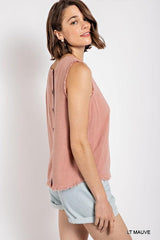 Sleeveless back button closure frayed top - Vysn