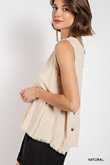 Sleeveless back button closure frayed top - Vysn