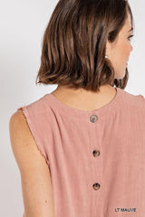 Sleeveless back button closure frayed top - Vysn