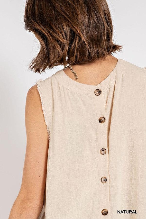 Sleeveless back button closure frayed top - Vysn