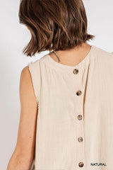 Sleeveless back button closure frayed top - Vysn