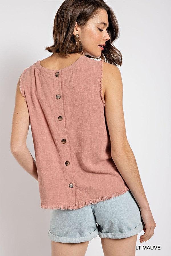 Sleeveless back button closure frayed top - Vysn