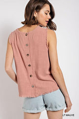 Sleeveless back button closure frayed top - Vysn