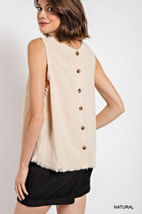 Sleeveless back button closure frayed top - Vysn