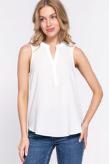 Sleeveless Henley Neck Woven Top - VYSN