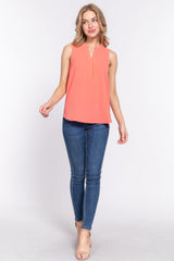 Sleeveless Henley Neck Woven Top - VYSN