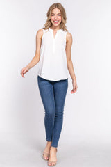 Sleeveless Henley Neck Woven Top - VYSN