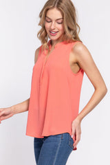 Sleeveless Henley Neck Woven Top - VYSN