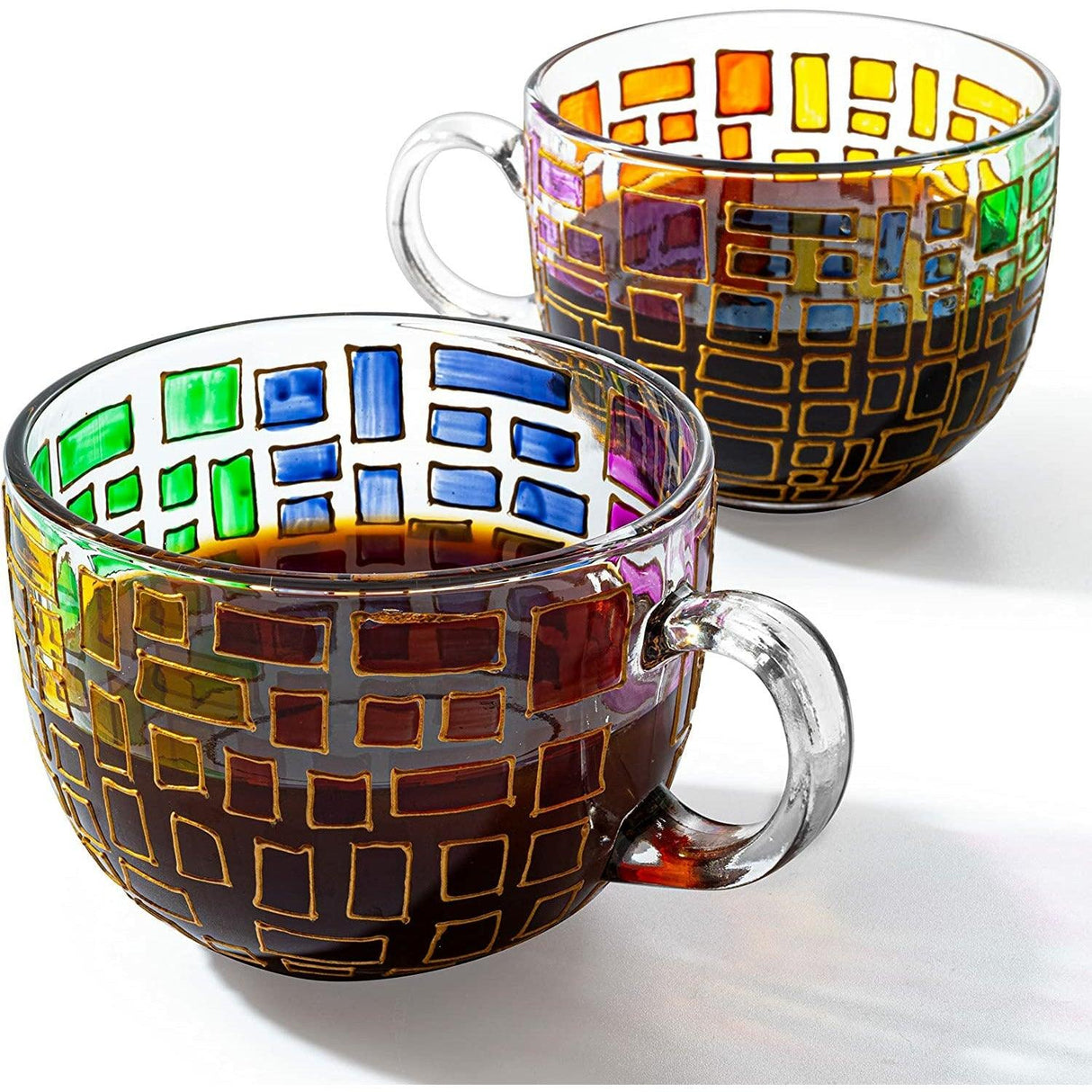 The Wine Savant Renaissance Stained Glass Windows Mugs, Artisanal Hand Painted Set of 2 - Gift Idea for Her, Him, Birthday, Mom, Housewarming - Art Deco Coffee and Tea Set 3.5" H X 4" W (Mugs) by The Wine Savant - Vysn