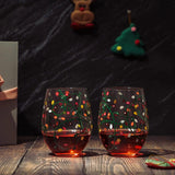 Themed Lights Stemless Wine & Water Glasses - Artisanal Hand Painted Ornament Light Bulbs Glasses - Xmas Tree - Set of 2, 17.5oz - Santa Festive Theme Stemless Glass by The Wine Savant - Vysn