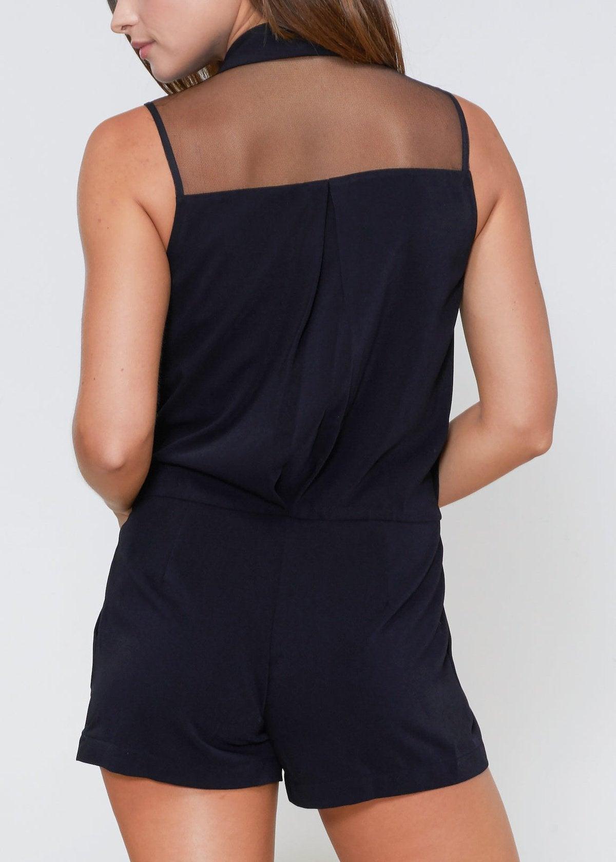 V-Neck Sleeveless Romper In Black by Shop at Konus - Vysn