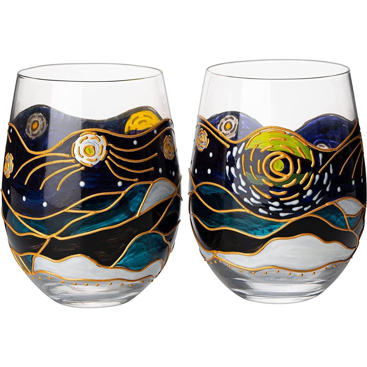 Vincent Van Gogh Wine Glasses Artisanal Hand Painted Stemless Set of 2 - The Wine Savant - 2 Set of Tumblers - Artistic Gift Idea for Her, Him, Birthday, Housewarming - Extra Large Goblets (18.5 OZ) by The Wine Savant - Vysn