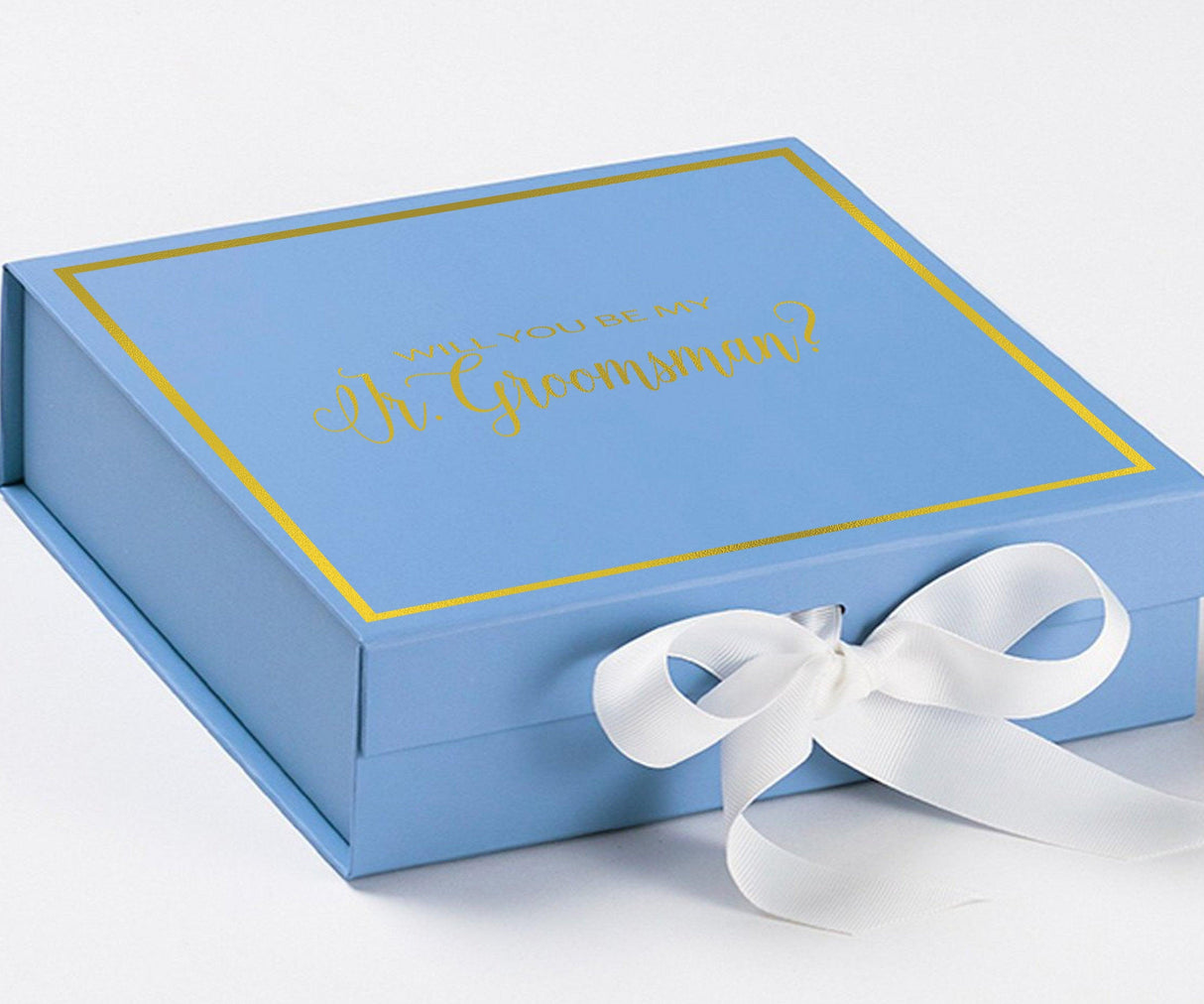 Will You Be My jr groomsman? Proposal Box Light Blue w/ white Bow- Border by Tshirt Unlimited - Vysn