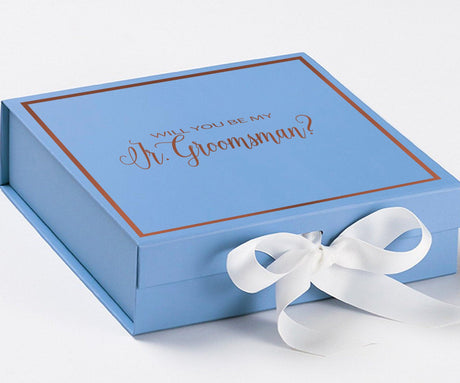 Will You Be My jr groomsman? Proposal Box Light Blue w/ white Bow- Border by Tshirt Unlimited - Vysn