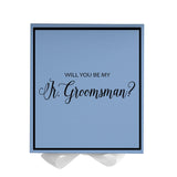 Will You Be My jr groomsman? Proposal Box Light Blue w/ white Bow- Border by Tshirt Unlimited - Vysn