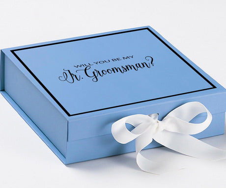 Will You Be My jr groomsman? Proposal Box Light Blue w/ white Bow- Border by Tshirt Unlimited - Vysn