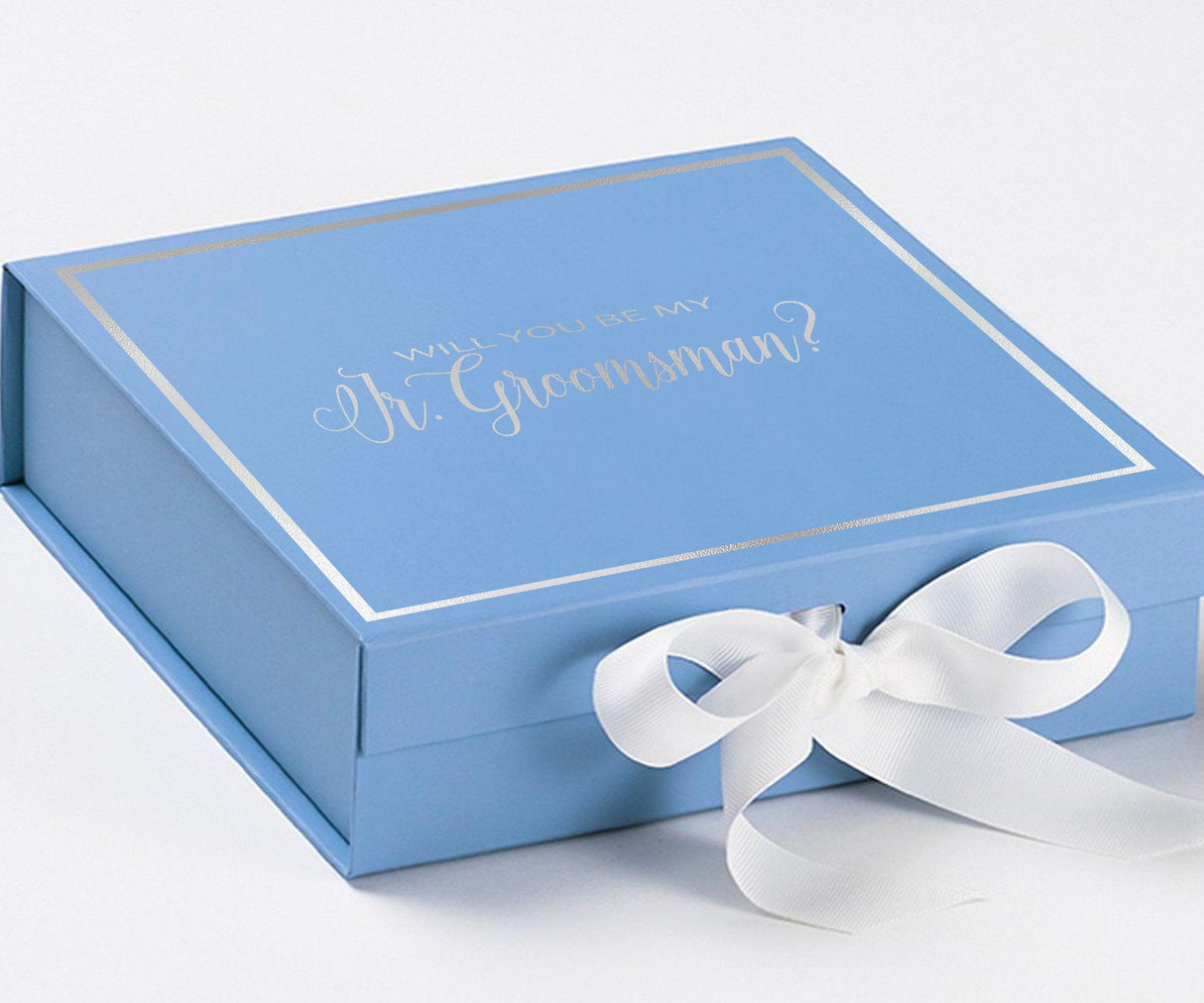 Will You Be My jr groomsman? Proposal Box Light Blue w/ white Bow- Border by Tshirt Unlimited - Vysn