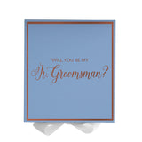 Will You Be My jr groomsman? Proposal Box Light Blue w/ white Bow- Border by Tshirt Unlimited - Vysn