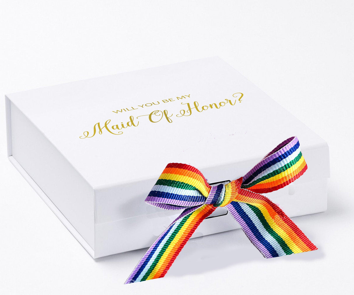 Will You Be My maid of honor? Proposal Box White - No Border - Rainbow Ribbon by Tshirt Unlimited - Vysn