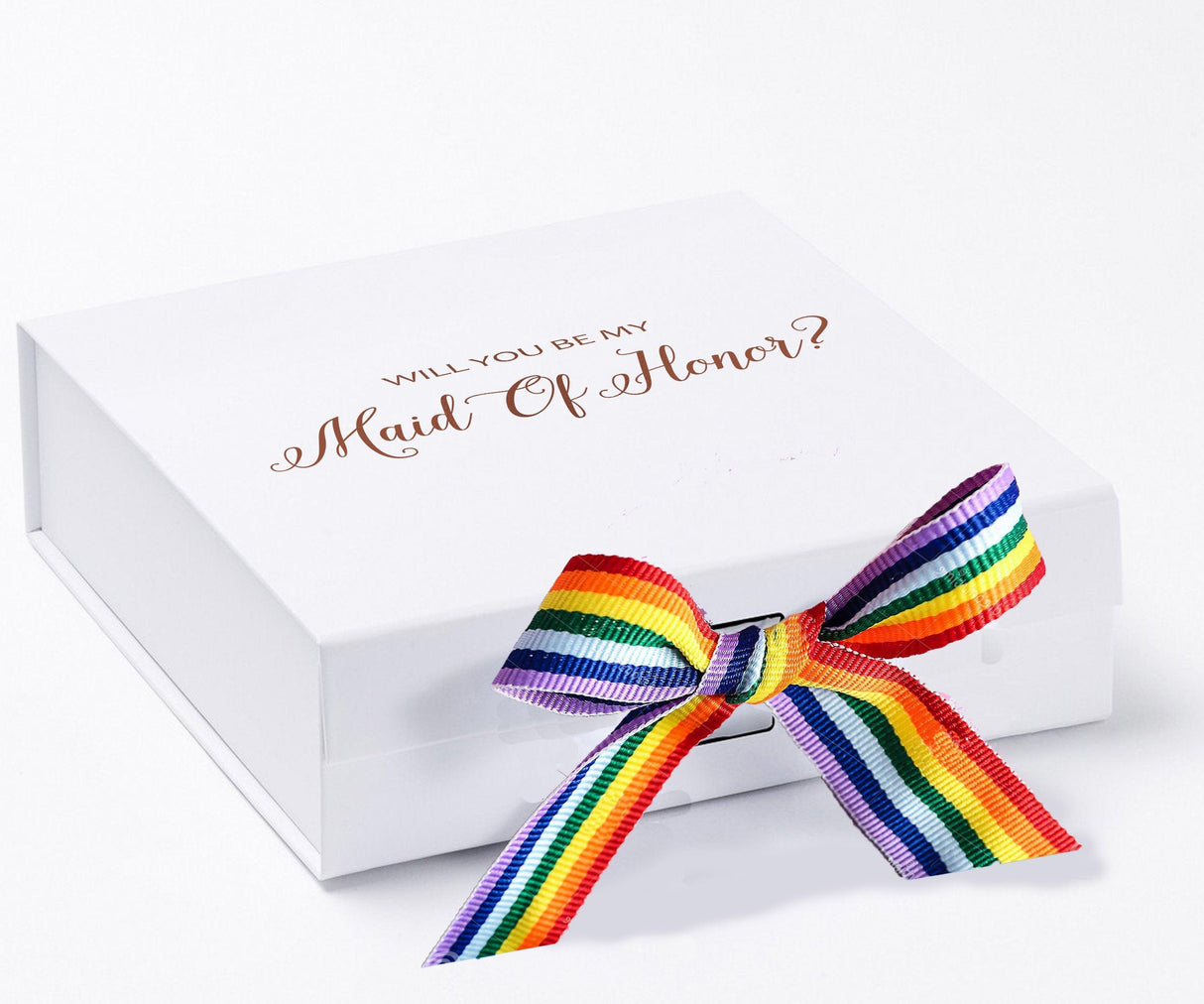 Will You Be My maid of honor? Proposal Box White - No Border - Rainbow Ribbon by Tshirt Unlimited - Vysn